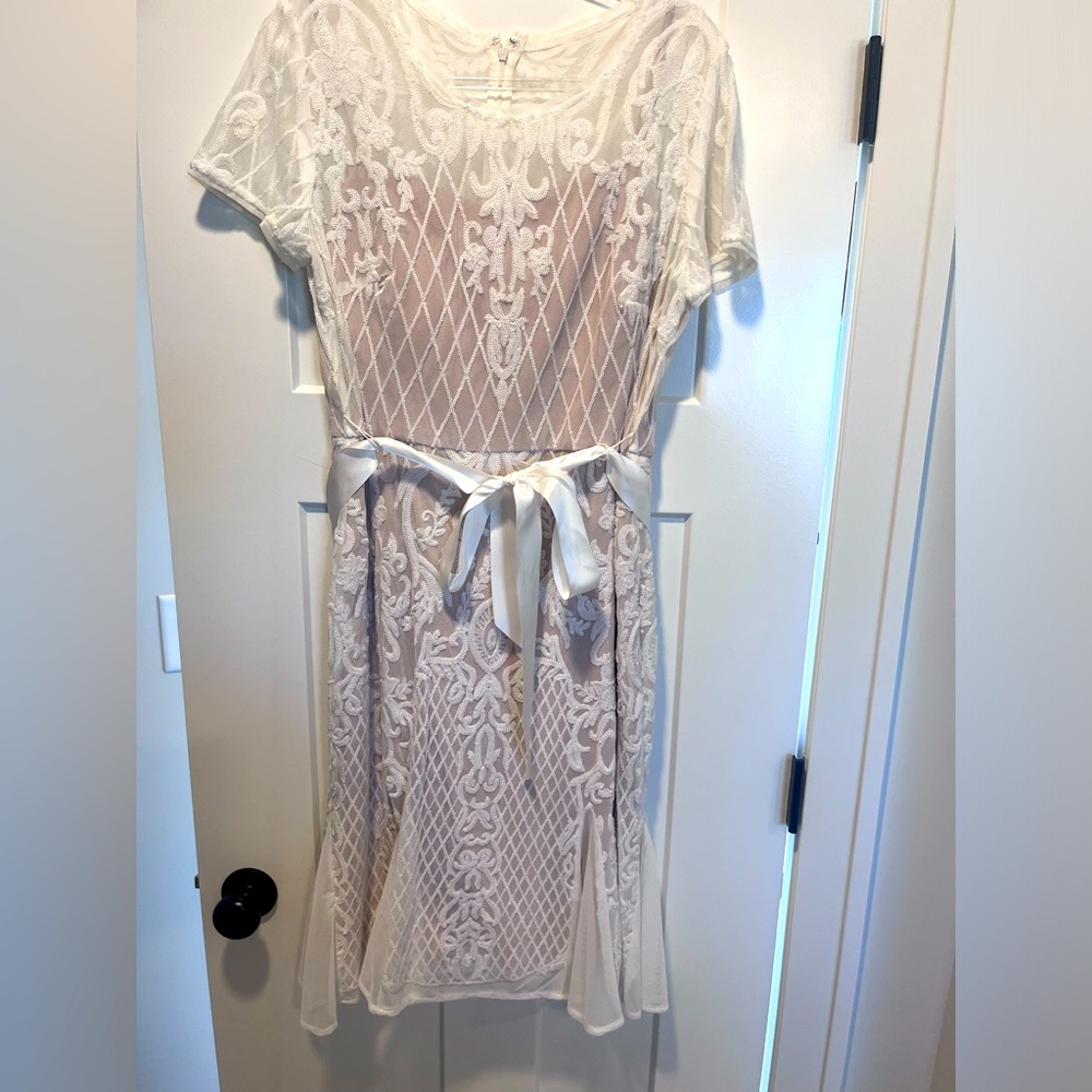 White sequin sheer dress with tan liner.